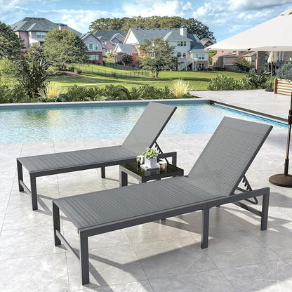 UDPATIO Outdoor Chaise Chairs & Table 3 Pieces Pool Lounge Chair, Adjustable Poolside Sunloungers Lay Flat Sunbathing Chaise with Backrest for Patio, Beach, Yard, Pool