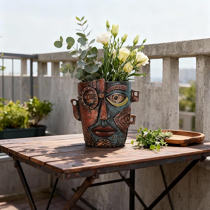 Abstract Face Planter Pot, Hand-Painted Resin Flower Pot with Top Opening for Planting, Decorative Planter for Indoor Plants, Art Accent Flowerpot Decor