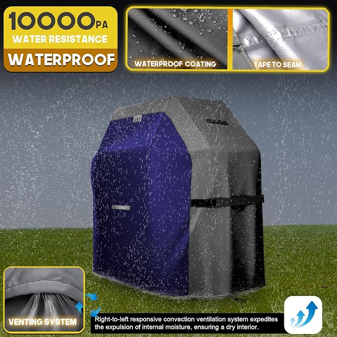 LIBZAKI Grill Cover 420D Waterproof, Weather Resistant, Rip-Proof, Anti-UV, Fade Resistant,Gas Grill Cover for Weber,Char Broil,Nexgrill Grills, etc.58 inches-Blue/Gray