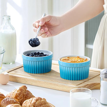 MALACASA Ramekins 8 oz Oven Safe, Large Ceramic Souffle Dishes for Baking & Serving, Stoneware Custard Cups Ramekin for Creme Brulee, Baking Bowls Set of 6, Blue, Series RAMEKIN-DISH