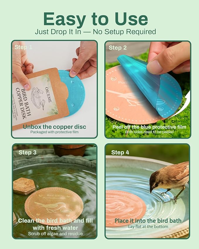 Bird Bath Purification Disk Pure Copper Outside Winter Solar Power Birdbath Hummingbird Water Pedestal Fountain Cleaner Outdoor Feeder Cage Dispenser Heater Ground House Garden Lover Gift