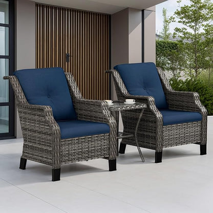 Patio Furniture Set 3 Pieces-Patio Chairs Set of 2 and A Side Table with Thick Cushions and All-Weather PE Wicker for Garden, Patio and Porch, Navy