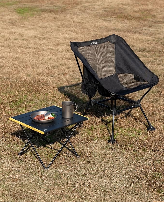 iClimb Ultralight Compact Camping Folding Beach Chair with Anti-Sinking Large Feet and Back Support Webbing (Black - Square Frame)