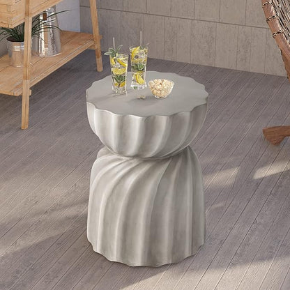 HOMPUS Unique Outdoor Concrete Side Table Set of 2, Garden Stool, 2 Piece Round Patio MgO End Table, Lightweight Small Accent Table for Indoor Outdoor Use, Patio, Garden, Backyard, Natural Grey
