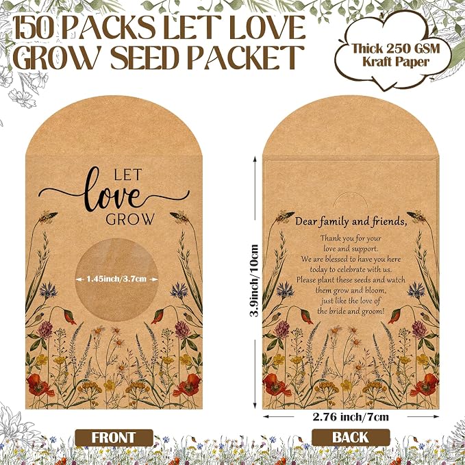 Fumete 150 Pcs Let Love Grow Seed Packets Cool Wedding Favors for Guests Kraft Envelope Kraft Bag with Window Flower Resealable Seed Storage Packets for Wedding Party Favors Bridal Shower