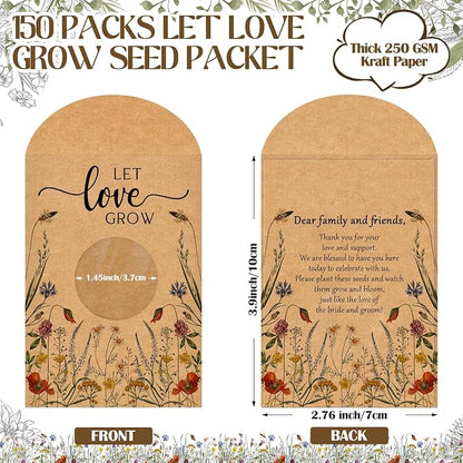 Fumete 150 Pcs Let Love Grow Seed Packets Cool Wedding Favors for Guests Kraft Envelope Kraft Bag with Window Flower Resealable Seed Storage Packets for Wedding Party Favors Bridal Shower