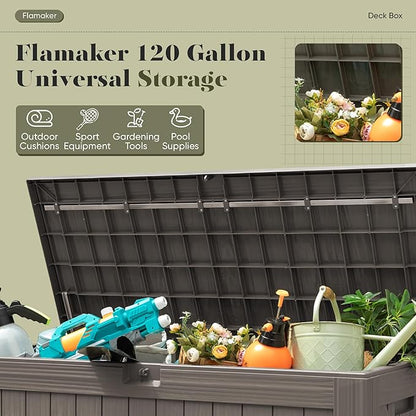 Flamaker Resin Deck Box 120 Gallon Waterproof Large Outdoor Indoor Storage Box Imitation Wood Resin for Patio Furniture Garden Tools and Pool (Deep Brown)