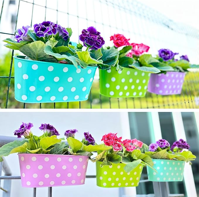 LaLaGreen Outdoor Hanging Planter (11.2 Inch, 6 Pack) Light Purple, Green, Yellow, Cadet Blue, Dark Pink, Red Metal Iron Colorful Window Boxes Polka Dot Flower Pot Deck Railings Fence Rail Porch Decor
