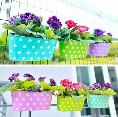 LaLaGreen Outdoor Hanging Planter (11.2 Inch, 6 Pack) Light Purple, Green, Yellow, Cadet Blue, Dark Pink, Red Metal Iron Colorful Window Boxes Polka Dot Flower Pot Deck Railings Fence Rail Porch Decor