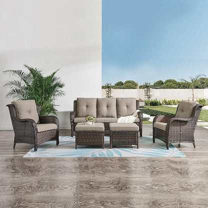 HUMMUH Outdoor Wicker Patio Chairs Set of 2 PE Rattan Patio Seating Chairs High Back Curved Armrest Porch Chairs with 4 inch Seat Cushions (Brown/Grey)