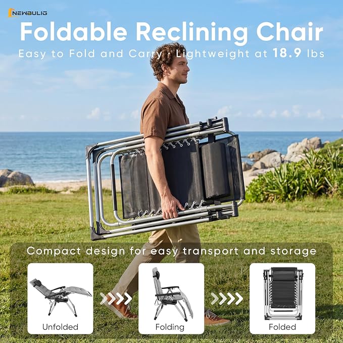 NEWBULIG Set of 2 Zero Gravity Chair, Folding Patio Recliner with Removable Cushion & Cup Holder Trays, Portable Lounge Chair for Beach & Camping, Classic Gray
