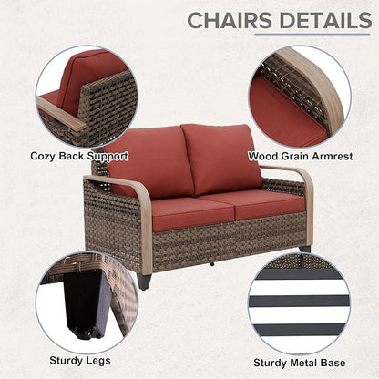 COOS BAY Modern Wicker Outdoor Furniture Set, Patio Conversation Set with Swivel Rockers, Patio Chairs, 3 Seat Couch, Loveseat, Coffee Table and Side Table, 8 Piece, Brown/Red