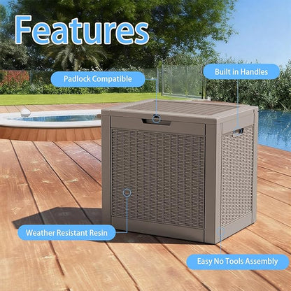 30 Gallon Deck Box, Waterproof Resin Rattan Outdoor Storage Box Lockable for Patio, Fade Resistant Ourdoor Side Table & Organizer for Garden Tools, Pool Floats, Outdoor Cushions, Light Coffee