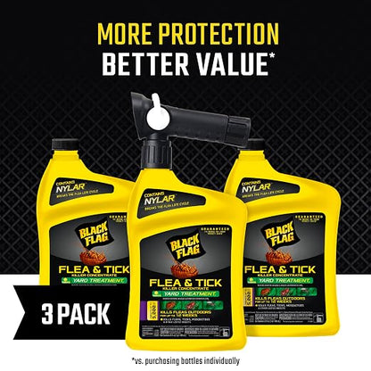 Black Flag Flea and Tick Killer Concentrate Yard Treatment, 32 Ounces, Ready to Spray, Quickflip Hose End Sprayer, 3 Pack