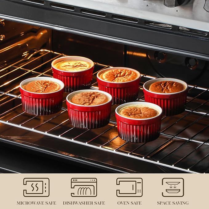 MALACASA Ramekins 8 oz Oven Safe, Large Ceramic Souffle Dishes for Baking & Serving, Stoneware Custard Cups Ramekin for Creme Brulee, Baking Bowls Set of 6, Red, Series RAMEKIN-DISH