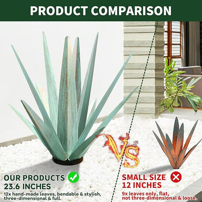 KODIBO Large Tequila Rustic Sculpture, Rustic Metal Agave Plants for Outdoor Patio Yard, Home Decor Hand Painted Metal Agave Garden Yard Statue, Outdoor Lawn Ornaments (Dark Blue - L (W/Solar Light))