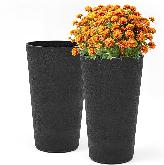 24" Resin Planters Set of 2 Outdoor Large Plant Pot Tall Flower Pots for Indoor Plants Garden Pot w/Drainage Hole Obsidian Leather Planter for Porch, Patio, Deck Living Room Home Decor