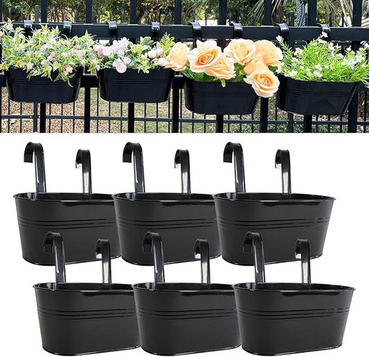 12" Balcony Railing Planters, Outdoor Hanging Planter for Fence, Stylish Metal Porch Deck Flower Pot for Herbs & Succulents (Black, Pack of 6)