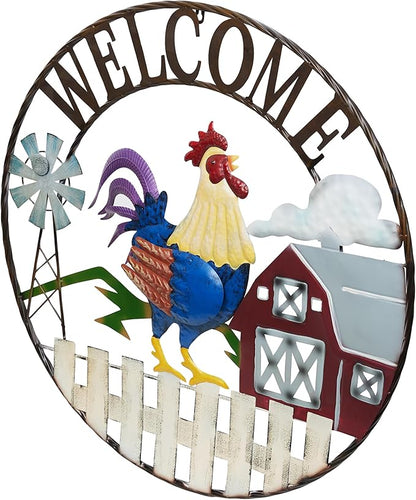 Alpine Corporation SCC578L Large Round Rooster and Farm Welcome Wall Decor, Sign for Entryway & Walkway, 30" Diameter, Multicolor