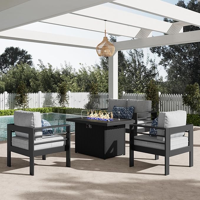 LayinSun Aluminum Furniture Set with Fire Pit Table, 4 Pieces Patio Sectional Conversation Chat Sofa Modern Seating Set