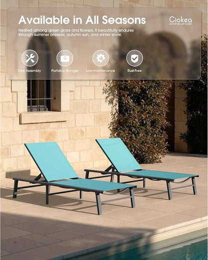 Ciokea Foldable Outdoor Lounge Chair, No Assembly Patio Chaise Lounge Outdoor with 5-Positions, Aluminum Pool Lounge Chair with Portable Design for Pool, Beach, Deck, Backyard, Lake Blue