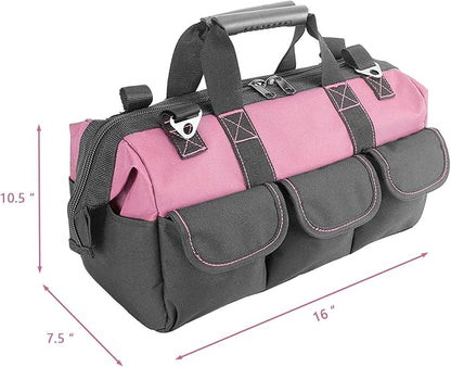 Garden Tools Bag 16inch Wide Mouth Women's Tool Bag with Molded Base and Plastic-Padded, Inside Pockets for Tool Storage,600D polyester fabric (Pink color)