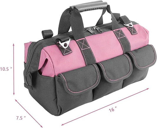 Garden Tools Bag 16inch Wide Mouth Women's Tool Bag with Molded Base and Plastic-Padded, Inside Pockets for Tool Storage,600D polyester fabric (Pink color)