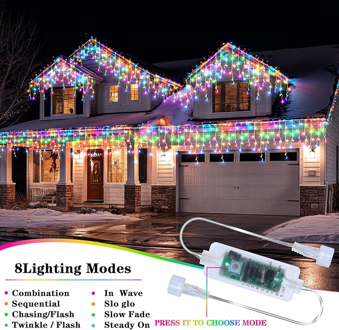 XZAI 800LED 72FT, Fairy Icicle String Lights, Plug-in, Multi-Color & Cool White, Christmas Party Decors, Remote, 8 Modes, Timer, Dimmable, IP65 Waterproof, Hanging for Outdoor & Indoor Use