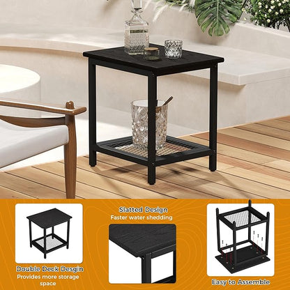 2-Tier Outdoor Side Table with Storage, Weather Resistant Patio End Table, HDPS Small Accent Table for Deck, Garden, Pool, Backyard, Black 2pcs