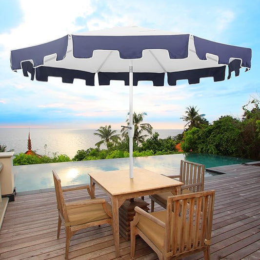JONATHAN Y UMB1000A Baiona 9 ft. Classic MidCentury Market Patio Umbrella with UV Protection, Auto-Tilt, Crank and Wind Vent in White/Navy