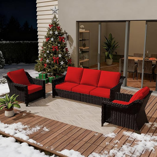 VistaVibe 3 Pieces Outdoor Patio Conversation Furniture Set - 78" 3-seat Sofa | 2 Wicker Chairs, Deep Seat Loveseat, Removable Cushions, Hand-Woven PE Rattan Couch, Balcony (Brown/Red)