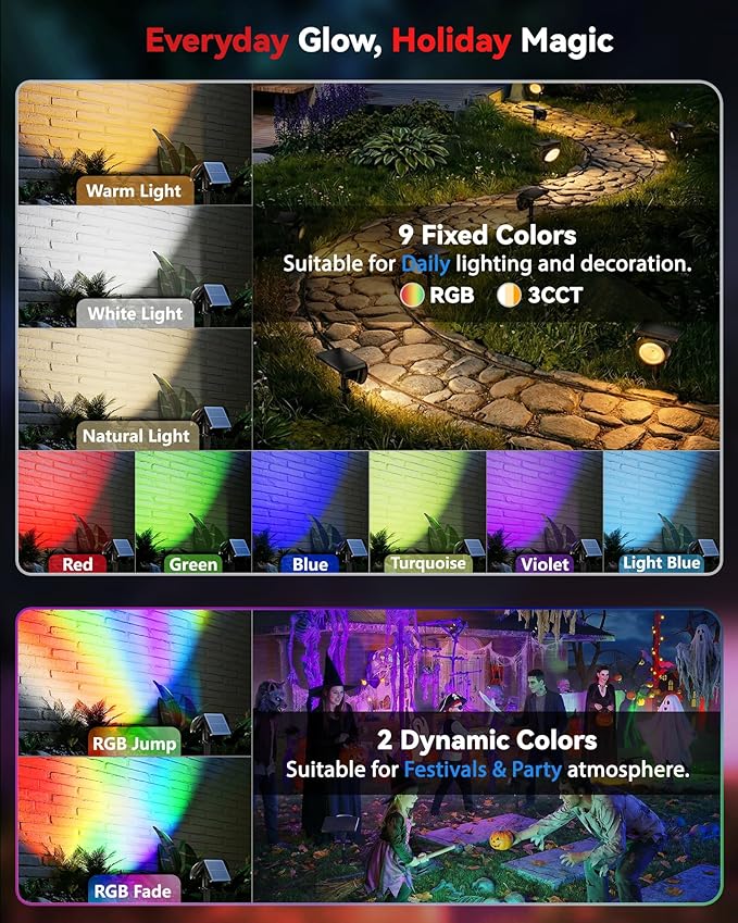 Monocular Solar Spot Lights Outdoor Waterproof, RGB+3CCT Solar Tree Spotlight, Bright Solar Uplights for Halloween Decorations Outdoor, Multicolor Garden Yard Landscape Path Lights [6Pack]