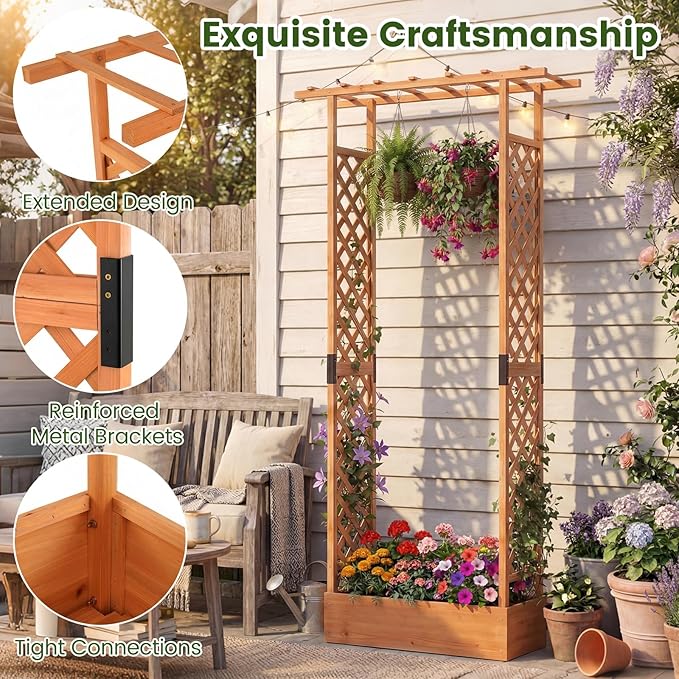 S AFSTAR Raised Garden Bed with Trellis, 2 Pieces Fir Wood Planter Box with Flat Roof & Drainage Holes, Vertical Planter Raised Bed for Climbing Plants, Flowers & Vegetables, 43" x 14" x 89" (Orange)