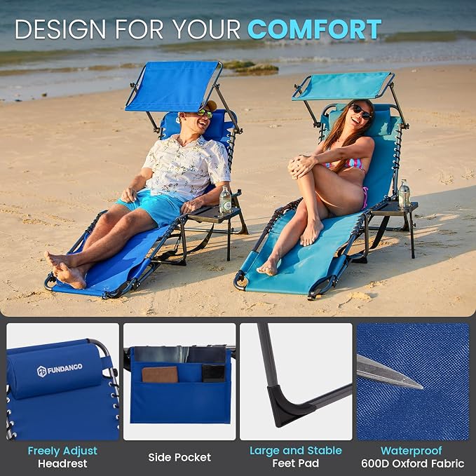 FUNDANGO 400lbs Heavy Duty Tanning Chair, Set of 2, Blue | Face Hole & Canopy & Side Table, 5 Positions, Facedown Chaise Lounge with Pillow, 400lbs
