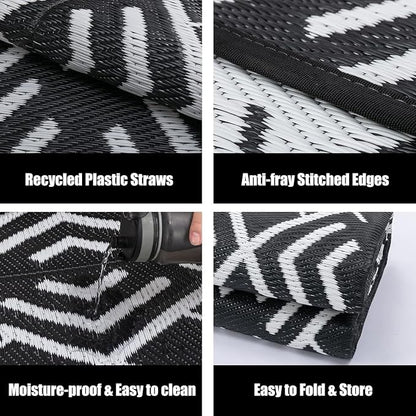 HUGEAR RV Outdoor Rug Waterproof Mat Outdoor Rugs 9'x12' for Patios Clearance Carpet Outdoor Camping Rugs Large Plastic Straw Rug(8x10ft Geometric Black&White)