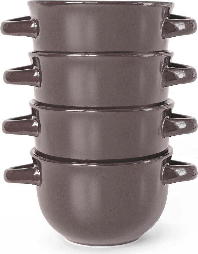KooK French Onion Soup Bowls, Crocks, Oven Safe Bowls, Soup Mugs, Ceramic Bowls, Dishwasher, Microwave, Set of 4, 18 oz (Dark Mauve)