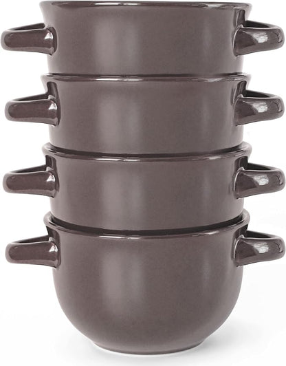 KooK French Onion Soup Bowls, Crocks, Oven Safe Bowls, Soup Mugs, Ceramic Bowls, Dishwasher, Microwave, Set of 4, 18 oz (Dark Mauve)