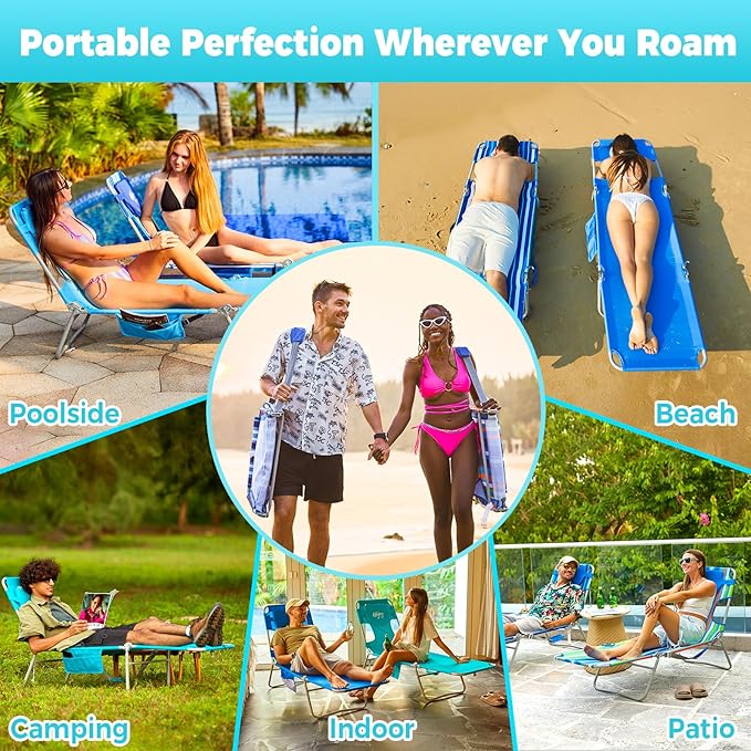 #WEJOY Folding Tanning Chair with Face Hole, 5 Positions Face Down Beach Lounge Chairs with Pillow for Outside Sunbathing Poolside (Blue/White)