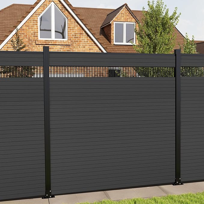 6 Feet×6 Feet Privacy Fence, Outdoor Wood Plastic Composite Fence Panel, Waterproof Security Barriers Fencing, WPC (Black, Vertical (1 Panel - 2 Post))