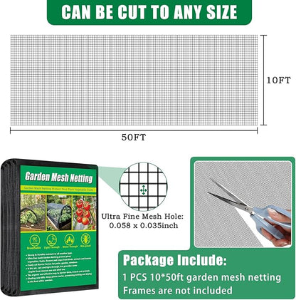 10 X 50 FT Thicker Garden Mesh Netting Pest Barrier for Raised Beds, Black Fruit Tree Netting for Cicadas, Bird Insect Blueberry Bush Strawberry Netting Cover for Garden Protection, Shading Rate 30%