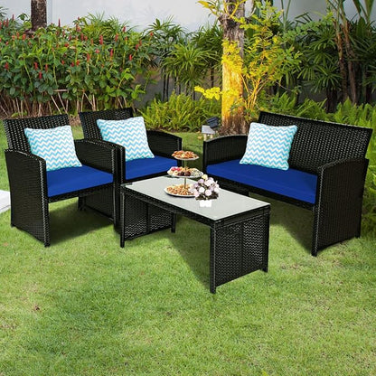 COSTWAY 4 Pieces Patio Rattan Furniture Set, Outdoor Wicker Conversation Set with Soft Cushions & Tempered Glass Coffee Table, Cushioned Chair Sofa for Backyard, Porch, Poolside, Lawn, Garden, Navy