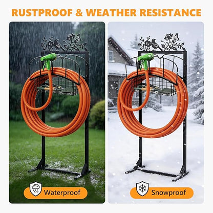 Garden Hose Holder with Metal Decor Signs, Adjustable Height Stable Water | Hose Reel Holders with Holds 150 ft Pipe, Storage Hanger Basket Rack Freestanding Decorative Stand for Outdoor Yard Lawn Farm