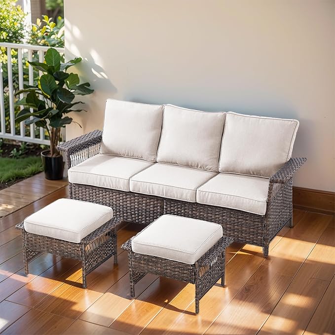 Patio Furniture Set Wicker Sofa with 2 PE Rattan Patio Ottomans Set Brown Wicker Beige Cushions Patio Conversation Set 3pcs for Patio Garden Balcony Sunroom Backyard Deck Poolside