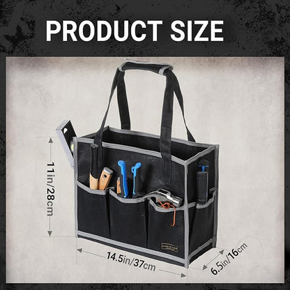 Waxed Canvas Tool Pouch,1 Large Capacity Pocket & 14 Pockets Garden Tool Storage Bag, 14.5 X 6.5 X 11 inch Muti-Purpose Tool Bag with Padded Handle | Black