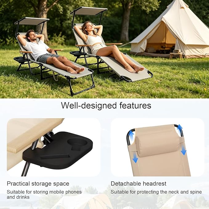 Folding Lounge Chair with Canopy, Tanning Chair with 4-Position Reclining Back, Folding Sun Lounger, Outdoor Lounge Chair for Beach, Poolside, Backyard, Camping, UPF 50+ Sun Shade, 300 LBS