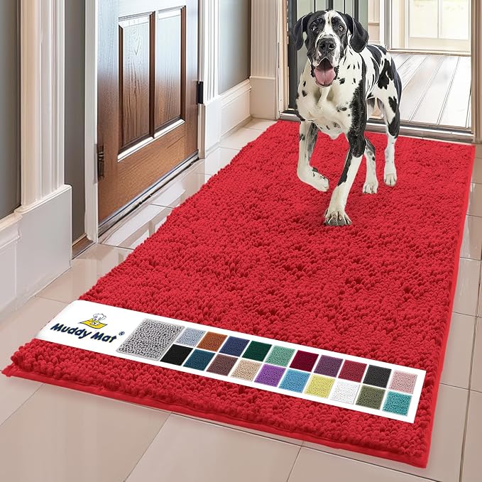 Muddy Mat® | Super Water Absorbent Door Mat Indoor, Microfiber Quick Dry Chenille Entryway Rug, Slip Resistant Front Door Mat, Indoor Mats for Entryway, Machine Washable Pet Rug, Red 36"x72"