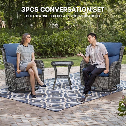 Patio Conversation Set with Smile-Shaped Cushions, Luxury Outdoor Swivel Chairs with Side Table and Ottomans, 5PCS PE Rattan Swivel Glider Chairs Set, Grey Wicker|Blue Cushions