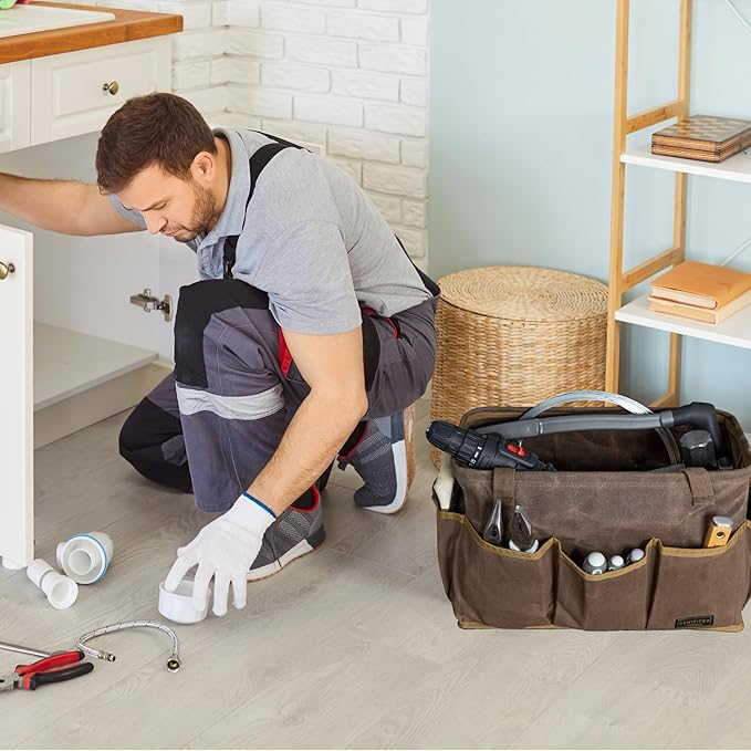 15.5-Inch Waxed Canvas Tool Bag - Foldable Open Top Heavy-Duty Multi-Purpose Wrench Pouch with Handle, Water-Resistant (Grey)