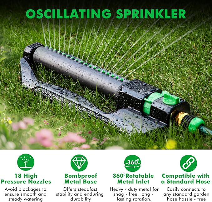[2 Pack] RESTMO Heavy Duty Oscillating Sprinkler with Metal Base – Adjustable Flow Control Lawn Watering System, Covers Up to 3,600 Sq. Ft. for Garden, Yard