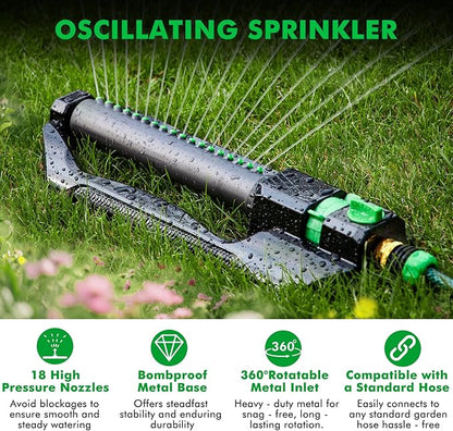 [2 Pack] RESTMO Heavy Duty Oscillating Sprinkler with Metal Base – Adjustable Flow Control Lawn Watering System, Covers Up to 3,600 Sq. Ft. for Garden, Yard